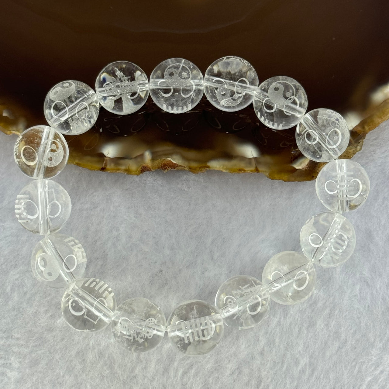 Natural Clear Quartz Beads with Inscription Bracelet 44.32g 17cm 12.8mm 16 Beads