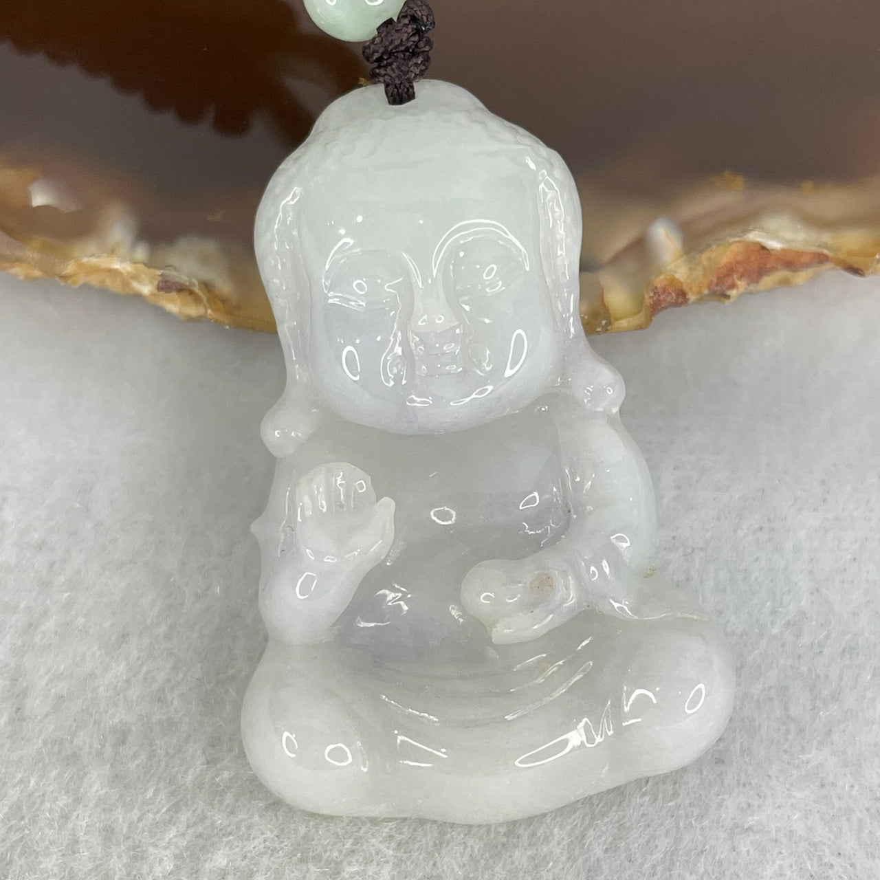 Type A Light Lavender Green Jadeite Baby Buddha Pendant 13.84.g 40.1 by 26.7 by 8.8mm