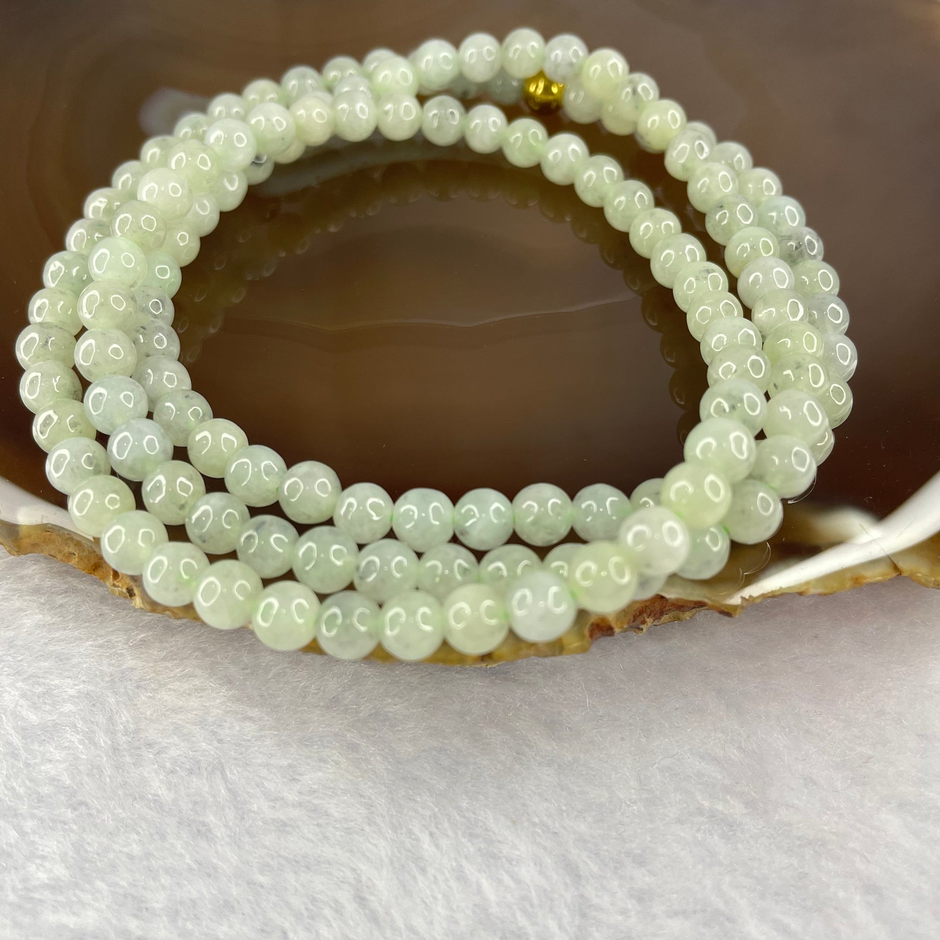 Type A Semi Icy Green with Wuji Grey Piao Hua Beads Necklace 123 Beads 5.5mm 32.49g - Huangs Jadeite and Jewelry Pte Ltd