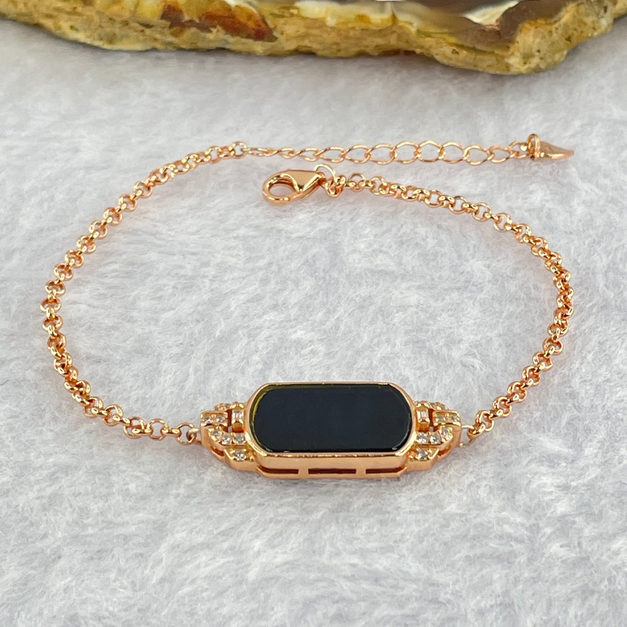 Type A Translucent Black Omphasite Jadeite Oval Wu Shi Pai with Crystals in S925 Sliver Rose Gold Color Bracelet 3.44g 15.5 by 9.9 by 1.5mm