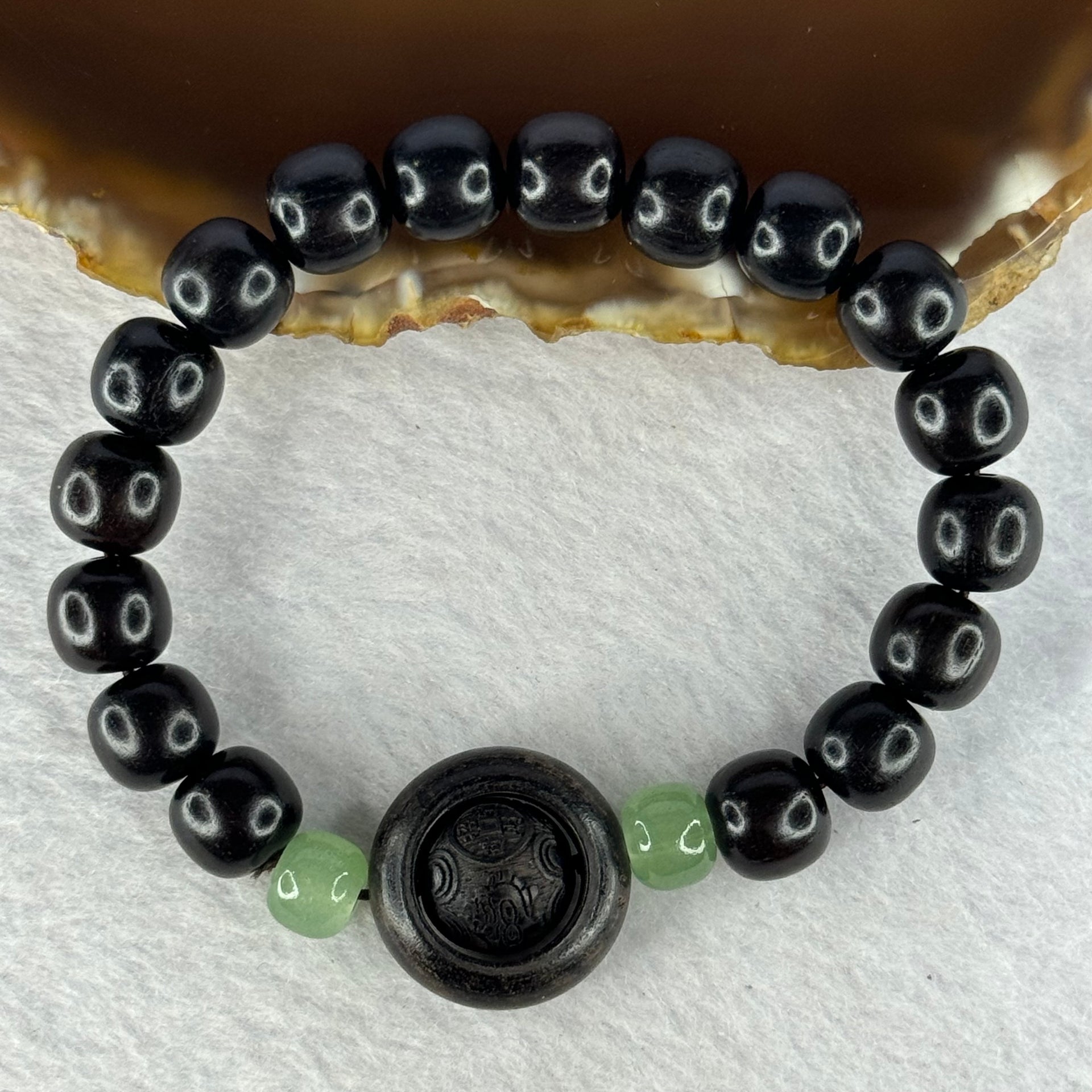 Natural Black Ebony Wood Beads with Movable Pixiu Pair and Coin Bead Bracelet 天然黑檀木珠手链 15.19g 16.5cm 10.0mm 17 Beads - Huangs Jadeite and Jewelry Pte Ltd