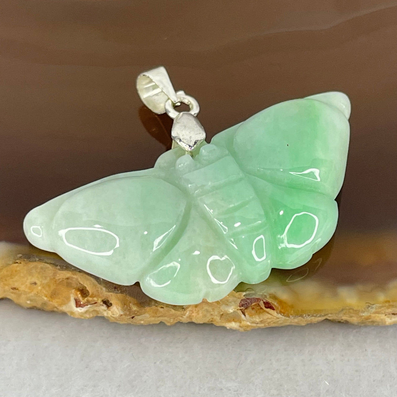 Type A Light Apple Green Jadeite Butterfly Pendant 6.56g 35.3 by 16.3 by 6.3mm