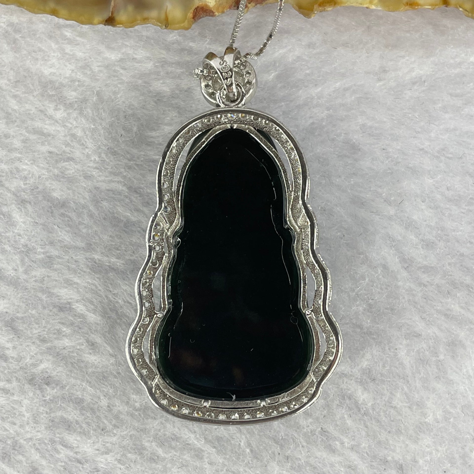 Type A Semi Translucent Very Dark Green to Black Jadeite Buddha in 925 Silver Necklace with Crystals 11.6g by 34.6 by 19.0 by 8.4mm - Huangs Jadeite and Jewelry Pte Ltd