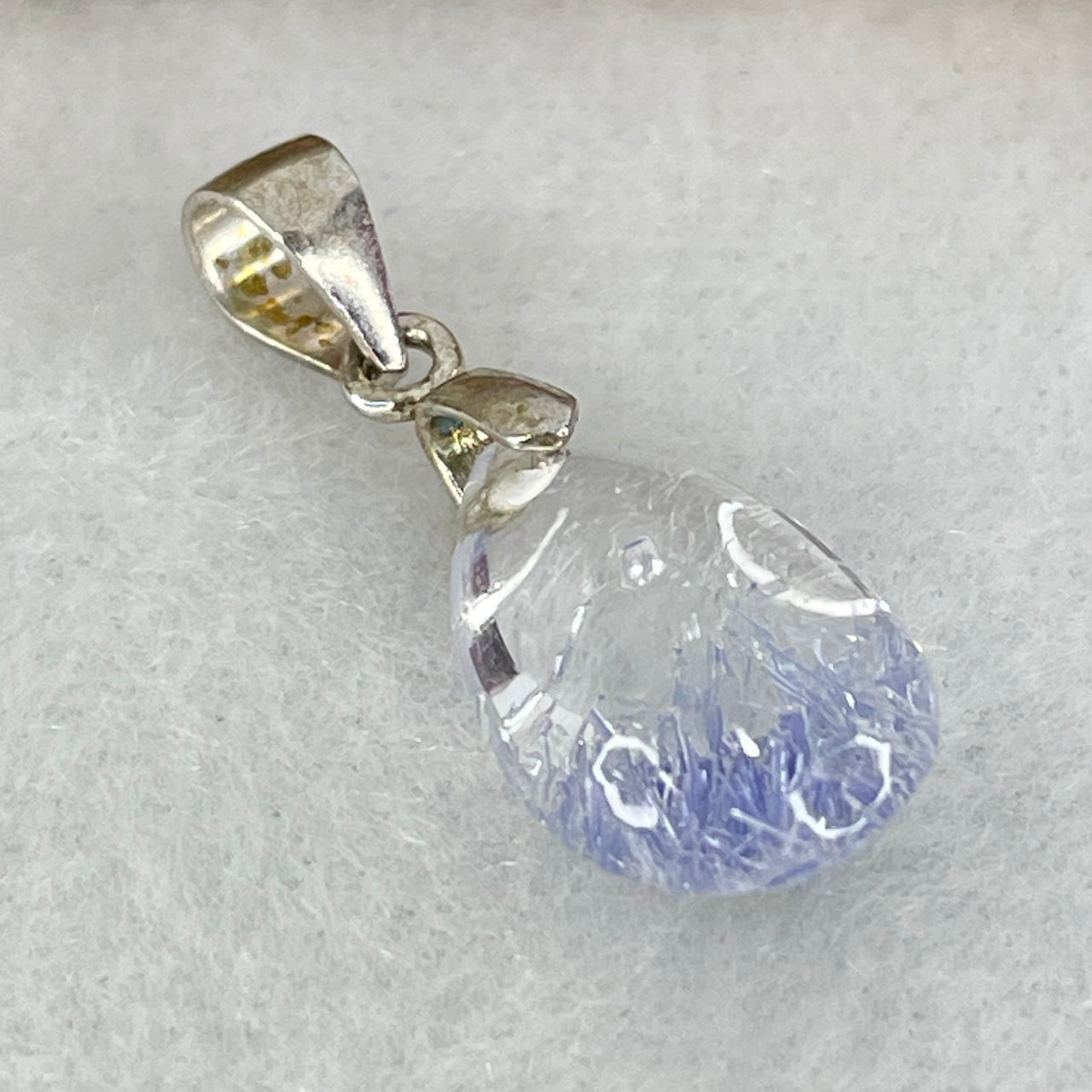 Rare Very Good Grade Natural Blue Dumortierite Rutilated Quartz Teardrop Pendant with S925 Sliver Clasps 1.22g 14.8 by 9.2 by 6.1mm