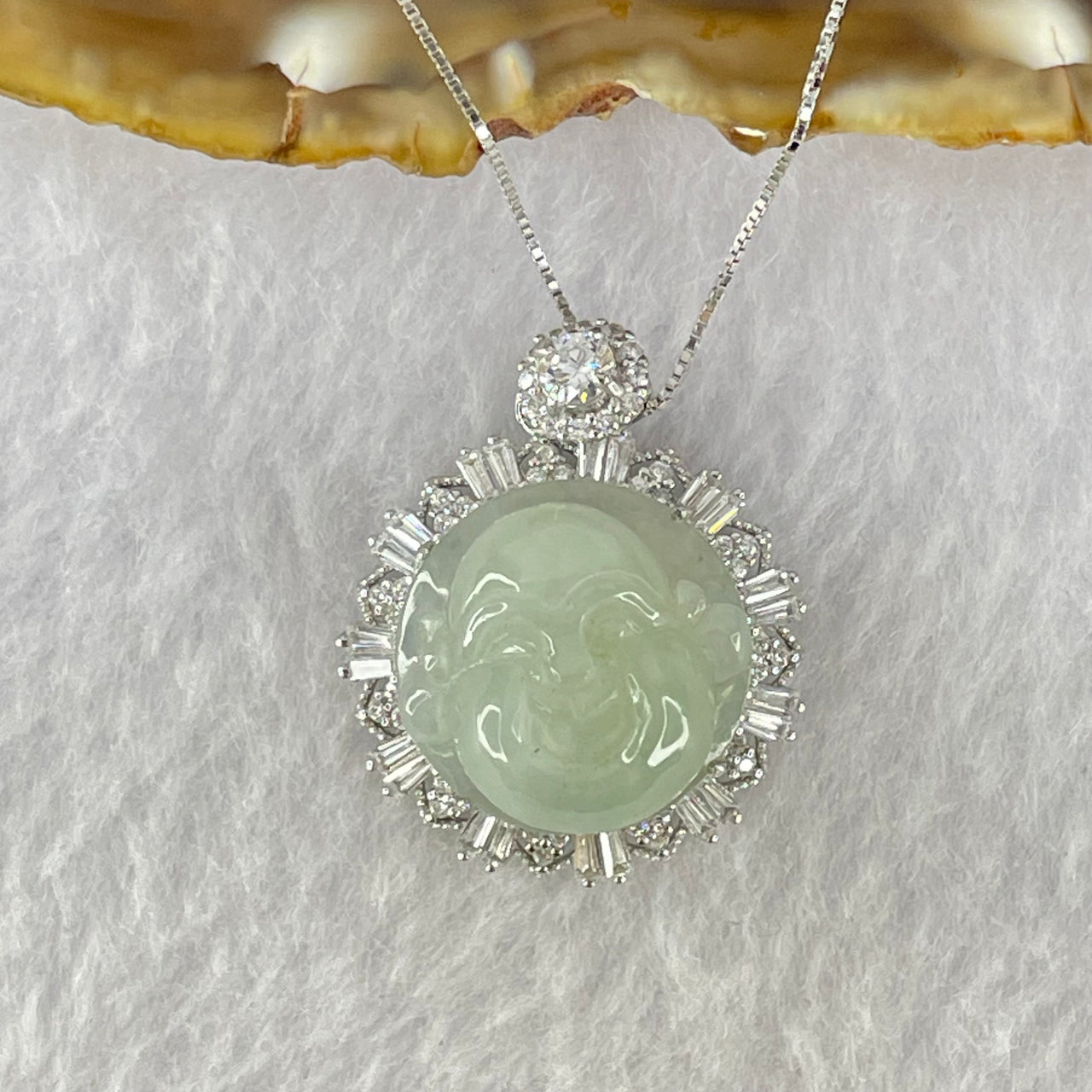 Type A Faint Green Milo Buddha with Crystals in S925 Sliver Pendant and Necklace 7.61g 16.2 by 16.2 by 8.5mm