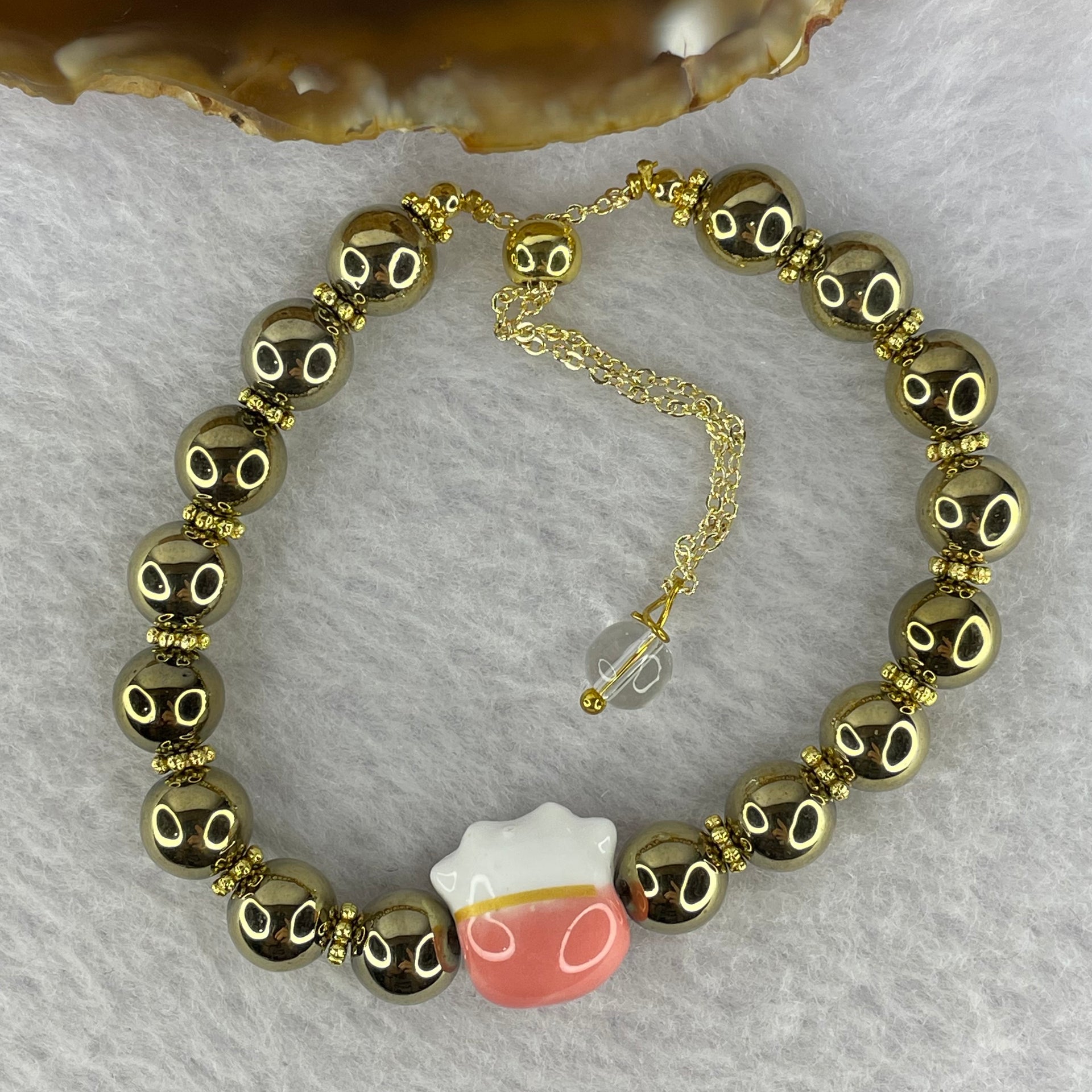 Metal Bracelet With Porcelain Fortune Cat 26.78g 8.2 mm 16 Beads - Huangs Jadeite and Jewelry Pte Ltd