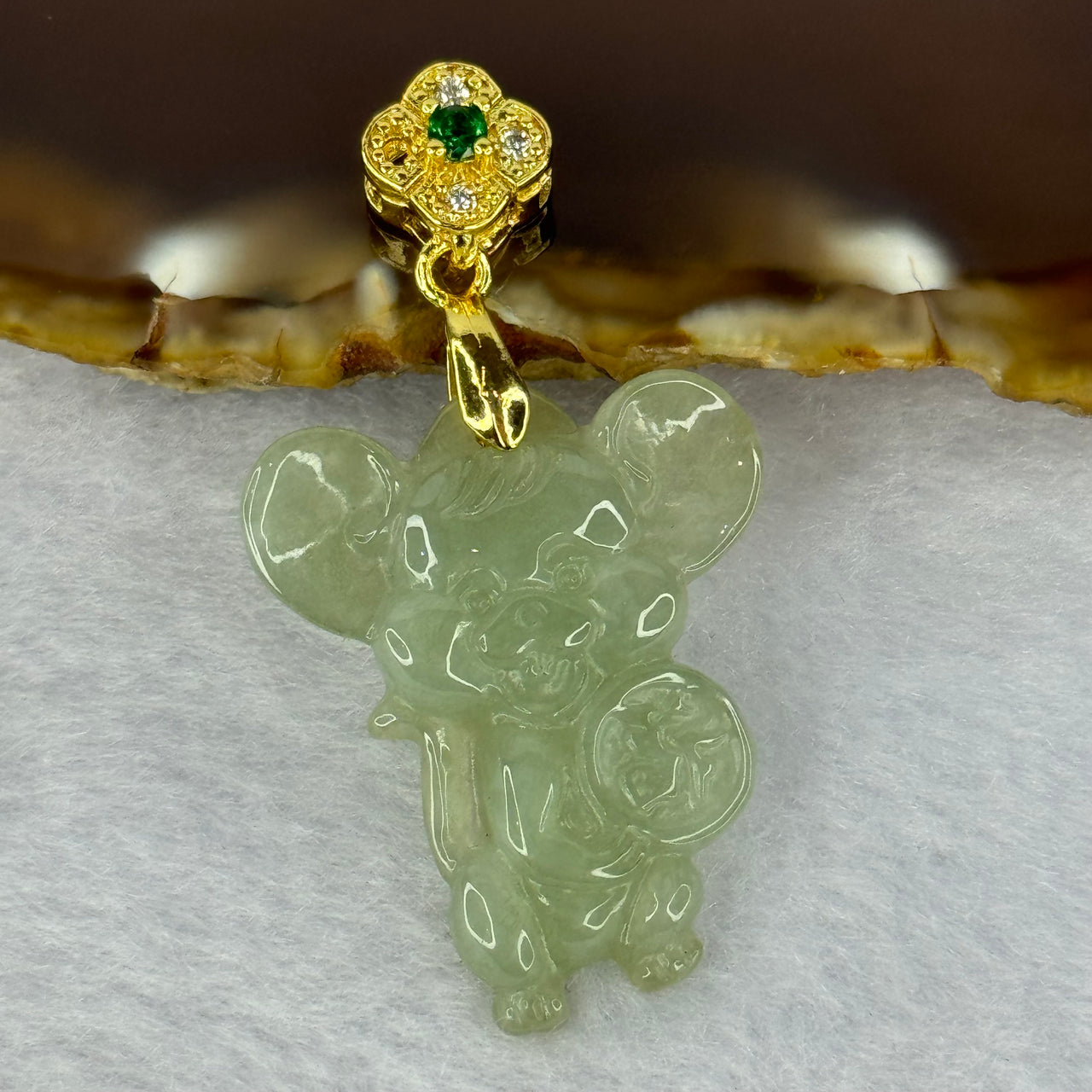 Type A Semi Icy Full Green Jadeite Rat Charm in S925 Sliver Gold Color Claps 5.44g 28.9 by 24.0 by 5.0mm