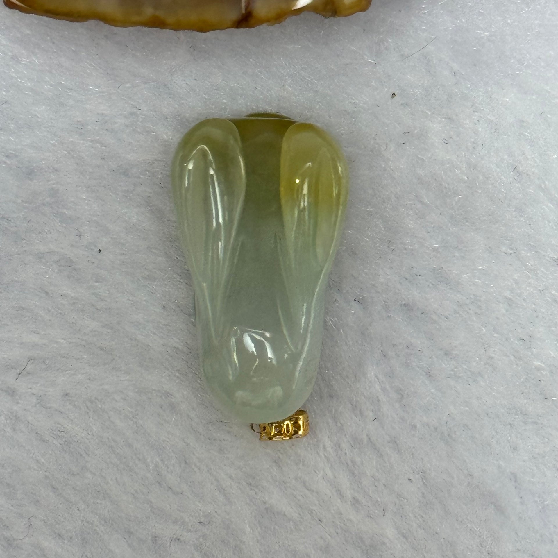 18K Yellow Gold Type A Green and Brown Patch Jadeite Rabbit Pendant with Claps 6.67g 23.3 by 12.4 by 12.8mm - Huangs Jadeite and Jewelry Pte Ltd