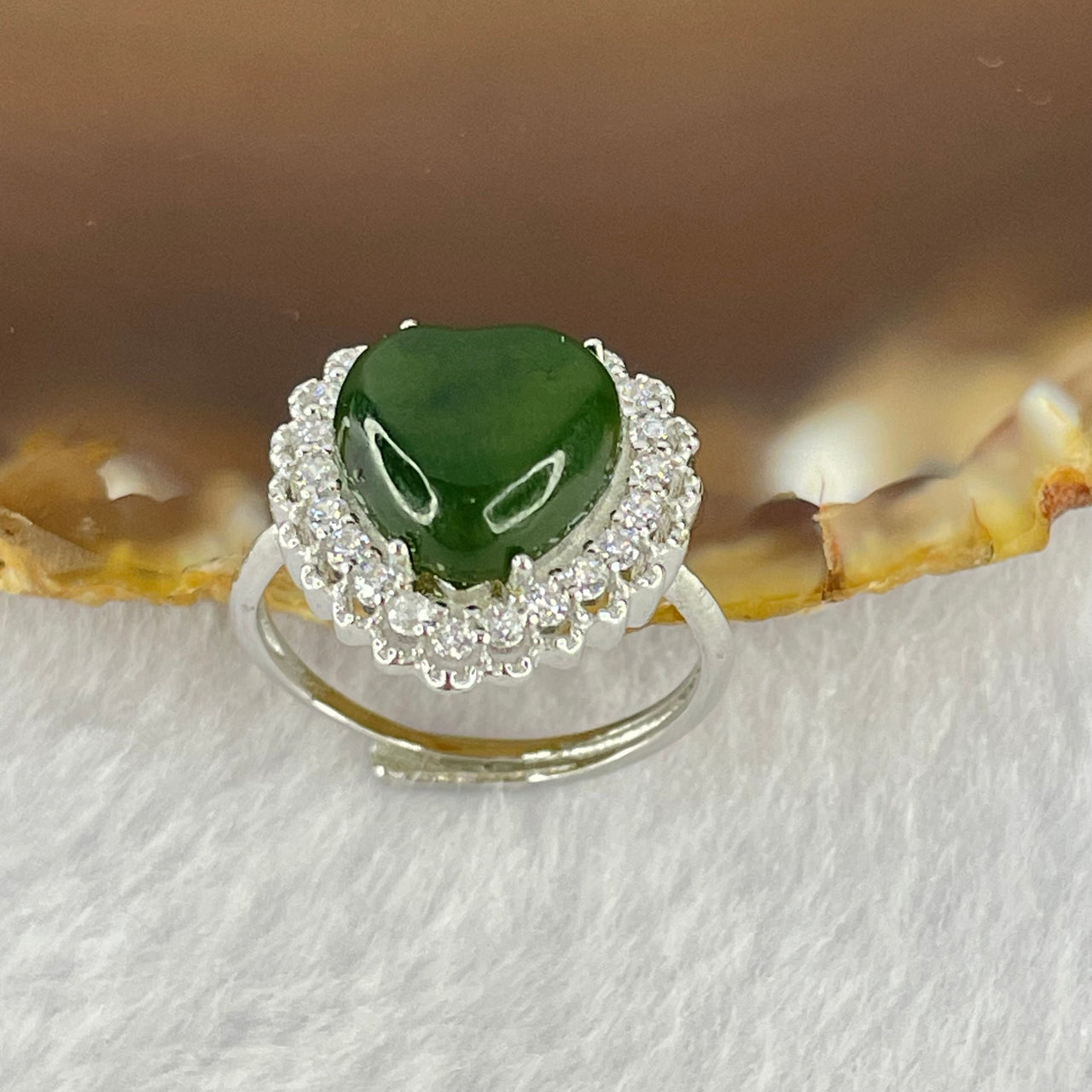 Natural Green Nephrite with Crystals In S925 Sliver Ring  (Adjustable Size) 2.92g 10.4 by 10.0 by 5.0mm