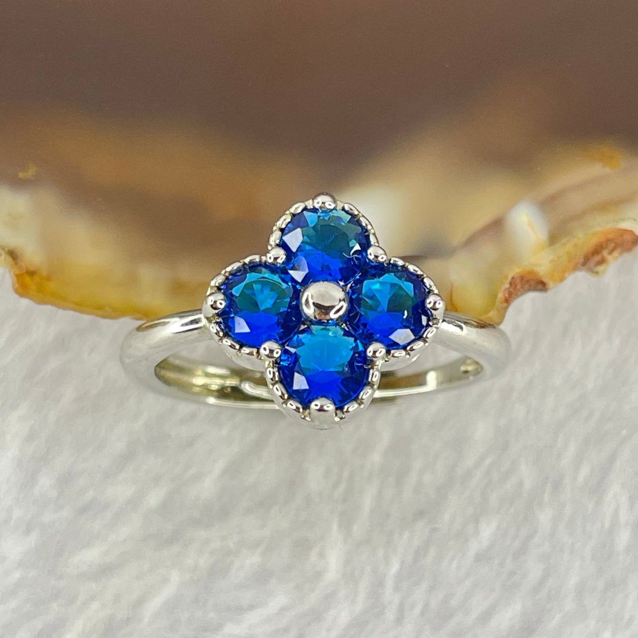 Blue Cubic Zirconia with Crystals in Sliver Ring (Adjustable Size) 1.98g 4.2 by 2.3 by 4pcs