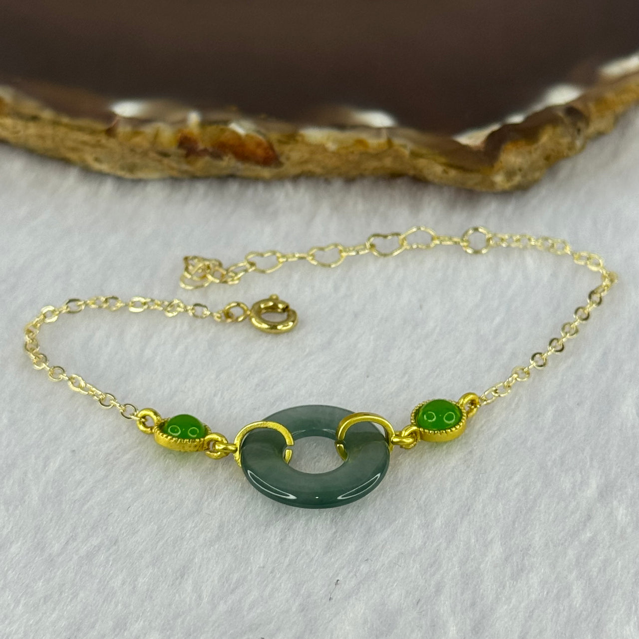 Type A Icy Blueish Green Jadeite Ping An Kou Donut in Gold Color Bracelet 2.93g 16.6 by 2.3mm