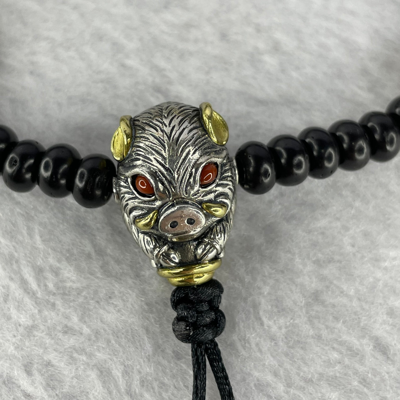 925 Sliver Pig Charm with Nan Hong/Red Agate eyes with Coconut Husks Beads Bracelet 26.19g by 19.6 by 13.5 by 14.7 mm - Huangs Jadeite and Jewelry Pte Ltd