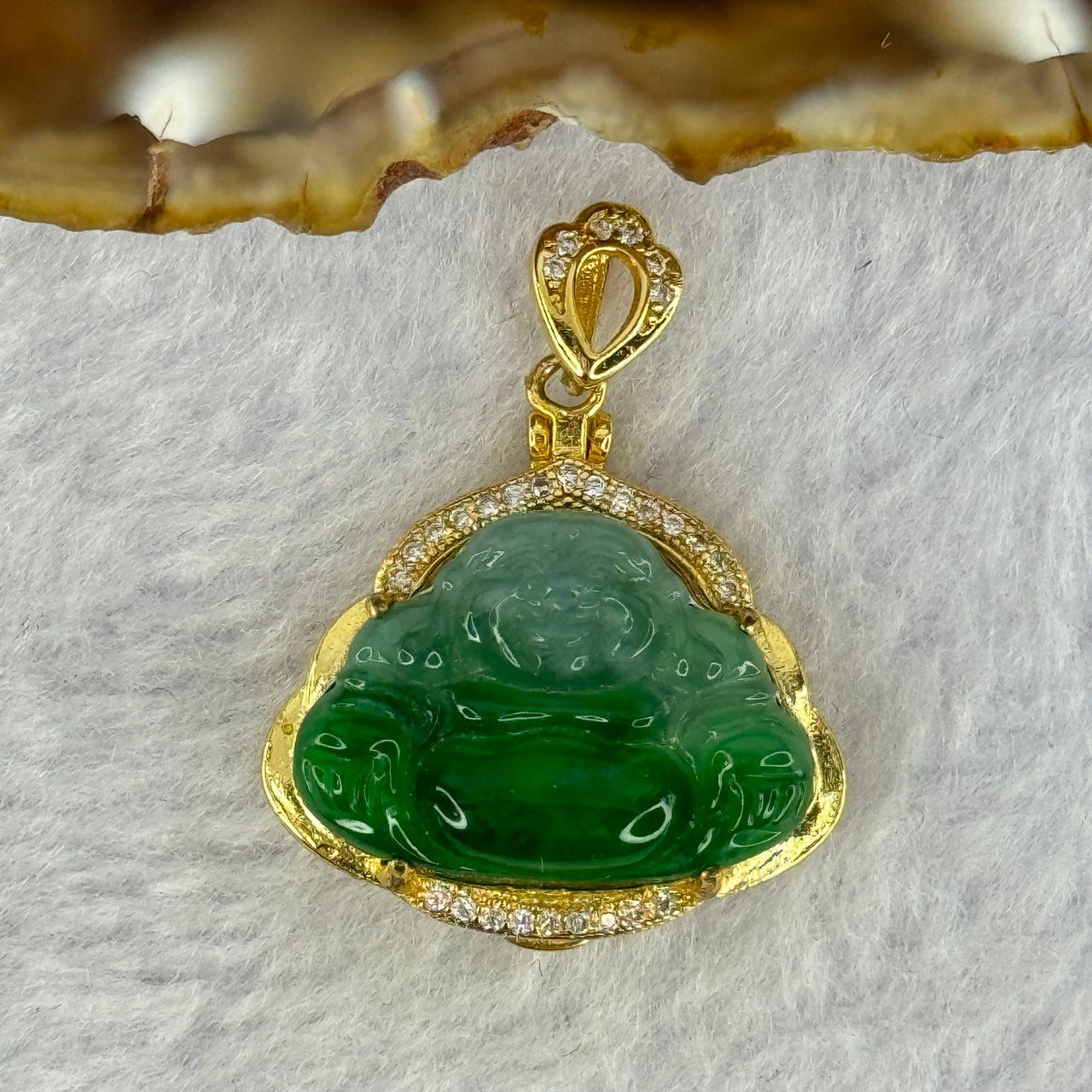 Type A Icy Green Jadeite Milo Buddha Pendent in S925 Sliver Gold Color Setting 4.48g 15.0 by 20.8 by 3.0mm