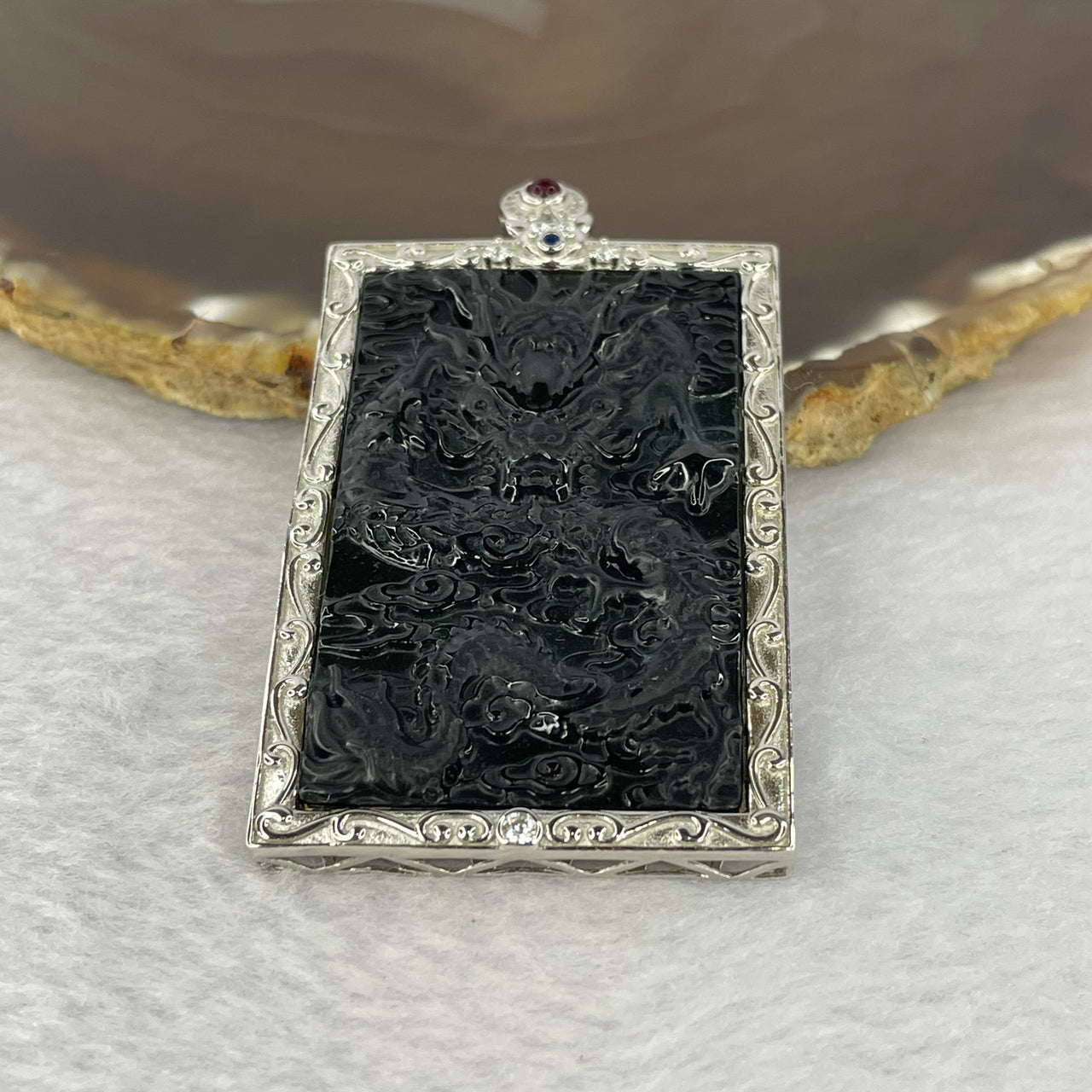 Type A Translucent Black Jadeite Dragon in 925 Silver and Crystals Pendant 21.55g 57.0 by 37.2 by 5.5mm - Huangs Jadeite and Jewelry Pte Ltd