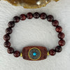 Natural Blood Zitan Beads with Rotating Turquoise Om Mani Padme Hum Powerful Mantra Bracelet 天然血檀木旋转唵嘛呢叭咪吽手链 10.71g 15cm 8.4mm 18 Beads / 30.1 by 17.4 by 6.4mm (Slight Crack) - Huangs Jadeite and Jewelry Pte Ltd