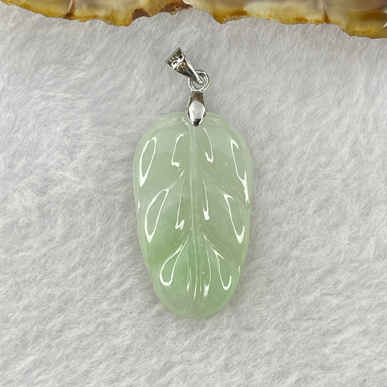 Type A Light Green Jadeite Leaf Pendant with S925 Sliver Clasps 4.31g 30.4 by 17.7 by 4.0mm