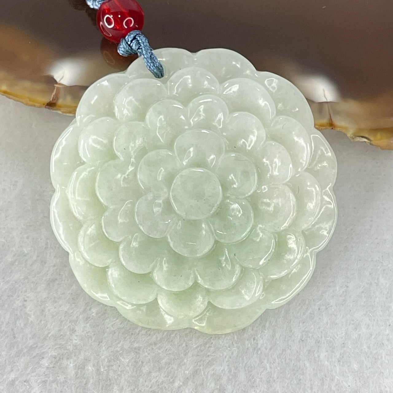 Type A Light Green Jadeite Prosperity Flower Pendant 16.83g 36.3 by 5.8mm