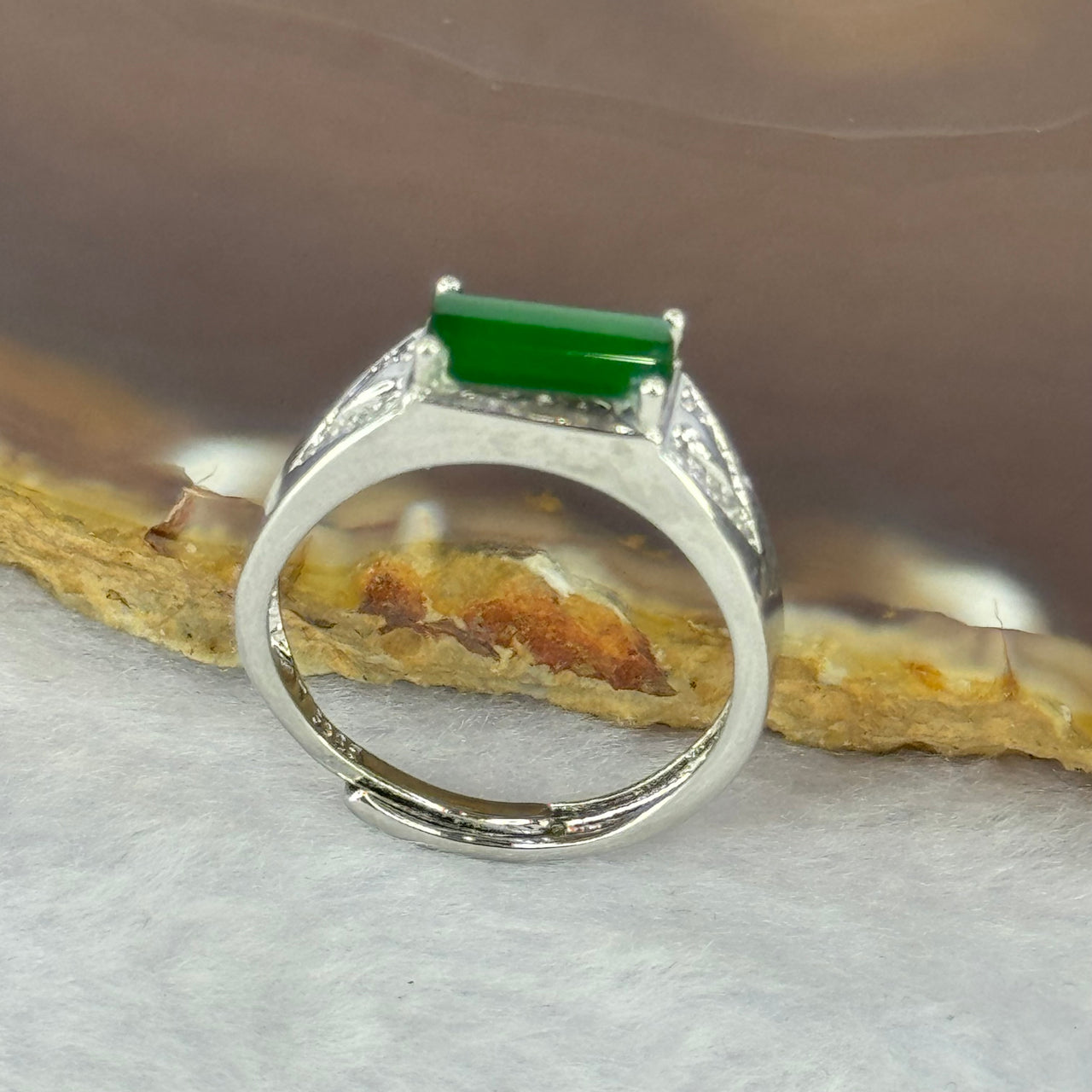 Type A Icy Green Jadeite with Crystals in S925 Sliver Ring (Adjustable Size) 3.48g 10.2 by 4.9 by 3.0mm