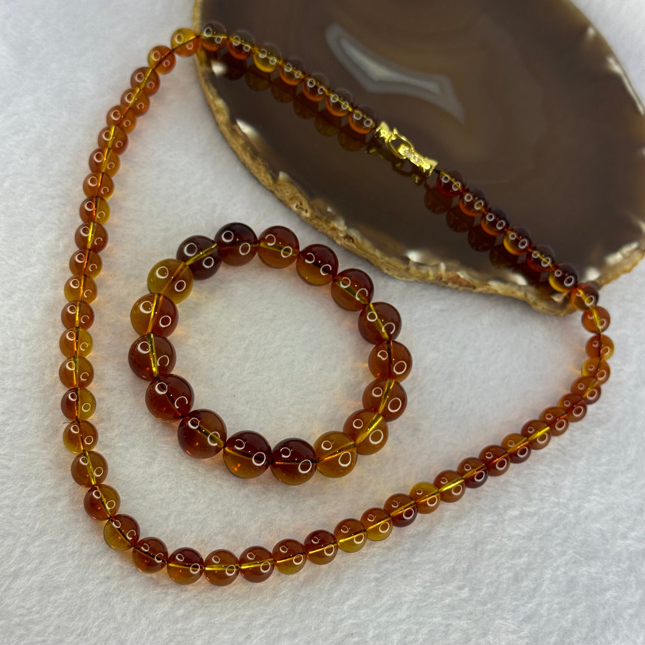 Very Very High Grade Transparent Natural Red Blue Amber Beads Jewelry Set Bracelet 15.03g 17cm 12.0mm 17 Beads, S925 Silver Gold Color with Cubic Zirconia Necklace 18.67g 8.7mm 55 Beads