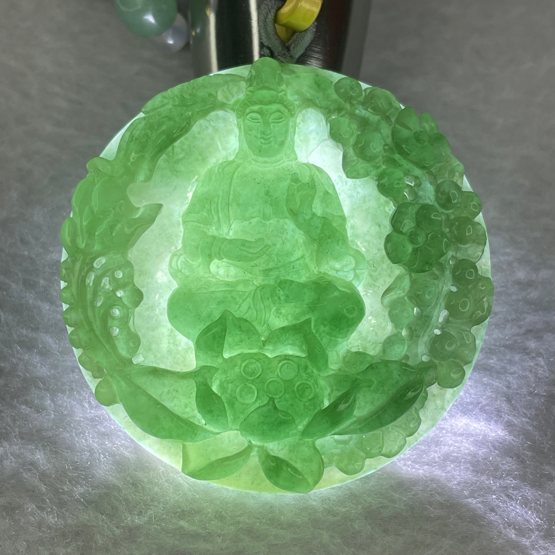 Golden Award Grand Master Type A Semi Icy Intense Green Jadeite Guan Yin on Lotus with Flowers 花开富贵观音 Pendant 62.02g 53.0 by 11.2mm - Huangs Jadeite and Jewelry Pte Ltd