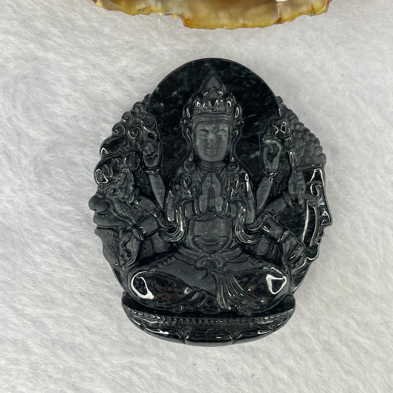 Type A Opaque Black Omphasite Jadeite Thousand Hands Guan Yin with Good VS Evil Pendent A货墨翠千手观音 48.20g by 50.7 by 43.8 by 12.5 mm - Huangs Jadeite and Jewelry Pte Ltd