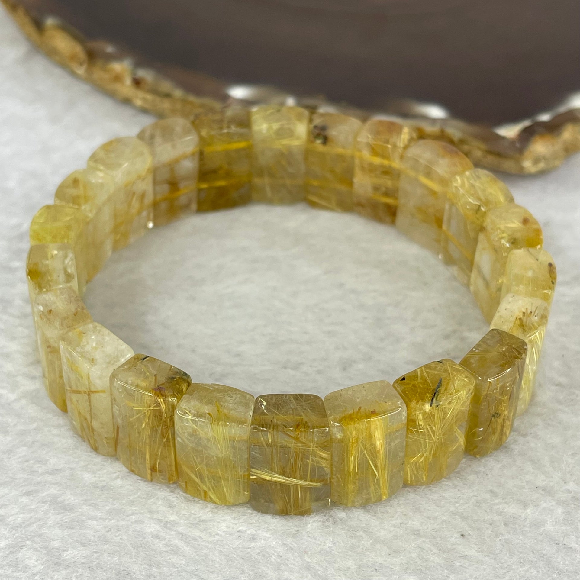 Good Quality Natural Golden Rutilated Quartz Bracelet 天然金顺发晶手链 49.61g 18cm 16.2 by 10.7 by 6.8mm 22 pcs - Huangs Jadeite and Jewelry Pte Ltd