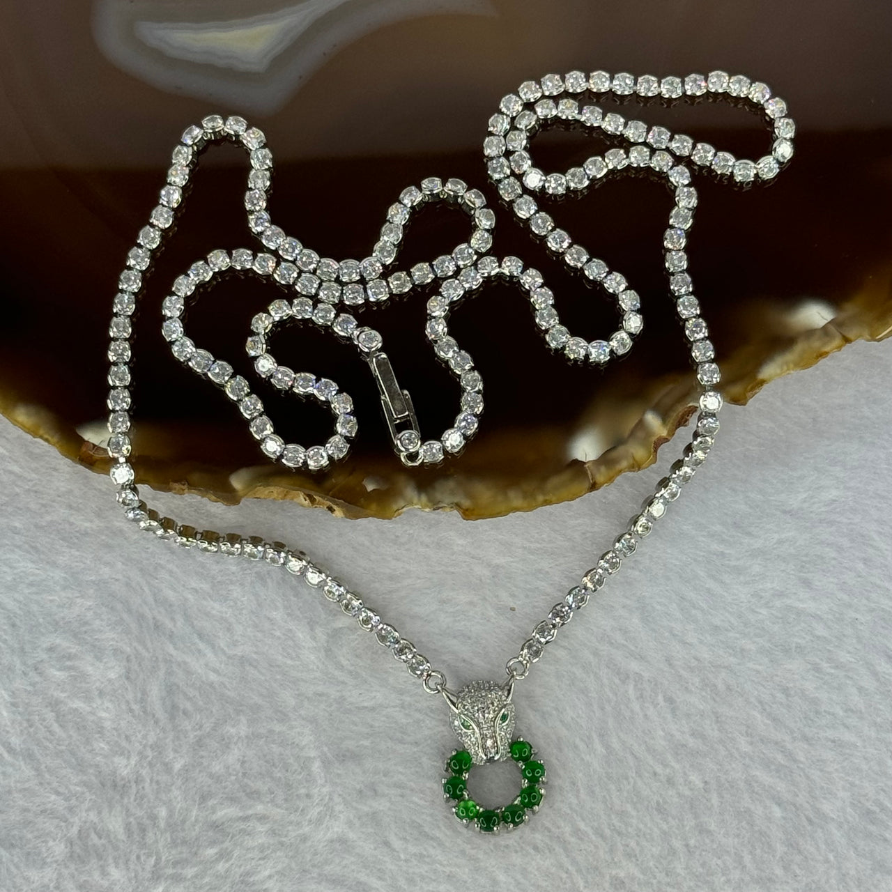 Type A Icy Green Omphasite Jadeite Panther Charm with Crystals in S925 Sliver Necklace 13.29g 2.3 by 1.5mm 8pcs