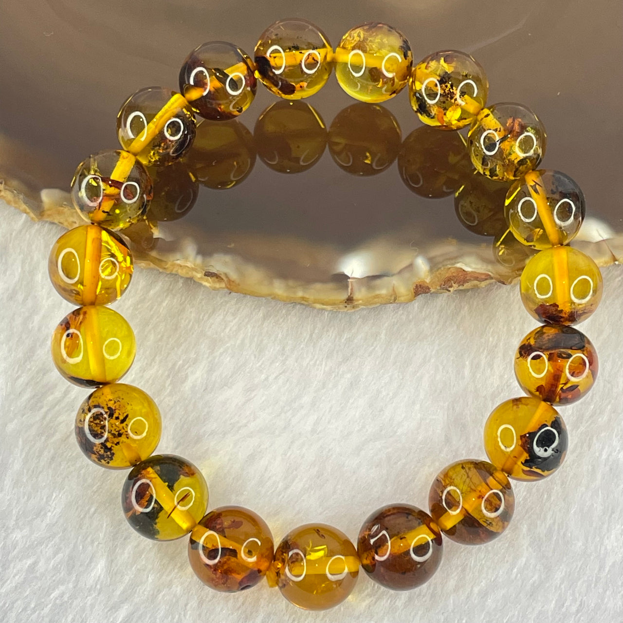 Natural Brownish Yellow Flower Amber Beads Bracelet 12.88g 17.5cm 10.8mm 19 Beads