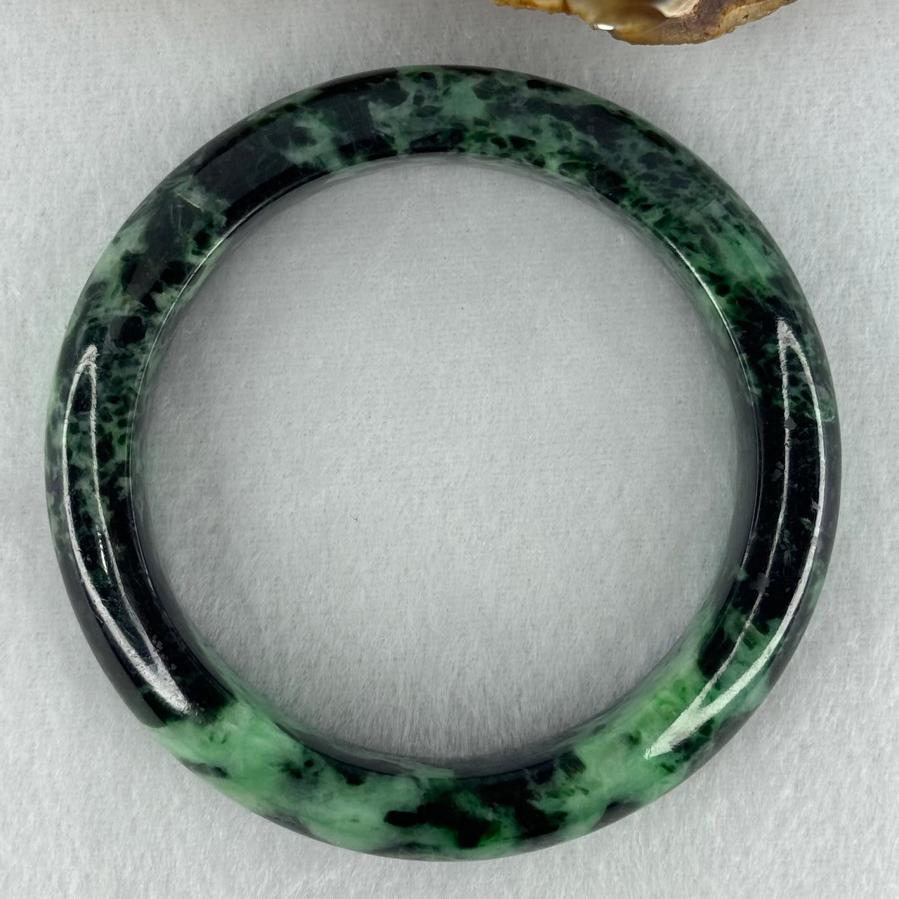 Type A Opaque to Slightly Translucent Dark Green with Apple and Emerald Green Jadeite Bangle Internal Diameter 56.0mm 75.24g 14.9 by 9.6mm (Slight Internal Lines)