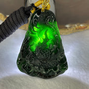 Rare High End Type A Fully Translucent Black Omphasite Jadeite Dragon (Shine Light is Dark Blueish Green) 罕见高端 A 货半透明黑色绿辉石翡翠龙  31.72g (Including String and 18K Hold Clasp) 53.75 by 40.40 by 9.65g with NGI Cert No. 82823872 - Huangs Jadeite and Jewelry Pte Ltd