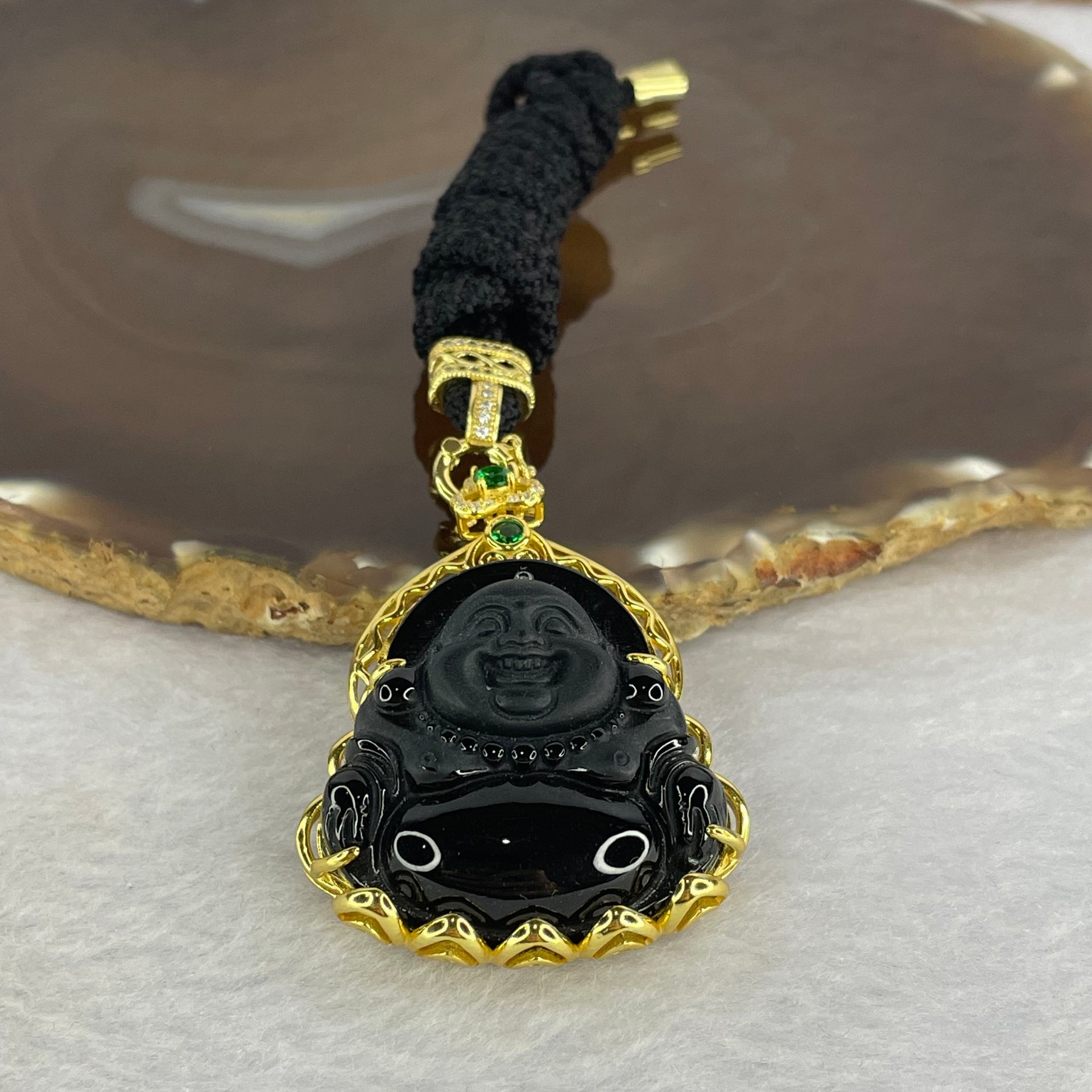 Type A Black Jadeite Milo Buddha in 925 Silver with 925 Silver Necklace 18.48g 46.7 by 31.9 by 11.2mm - Huangs Jadeite and Jewelry Pte Ltd