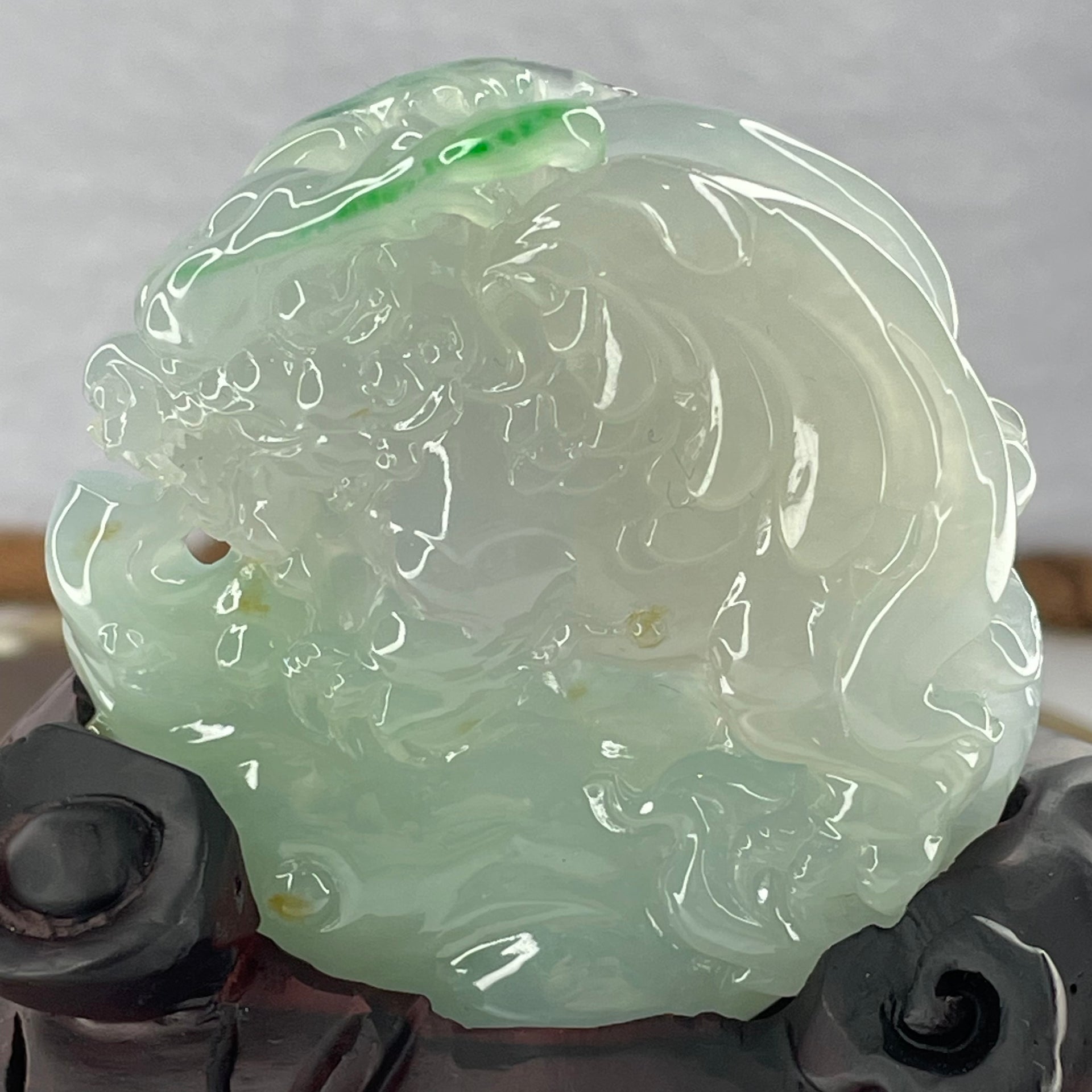 Rare Grand Master Type A Semi Icy Sky Blue with Spicy Green Jadeite 飞天貔貅 Flying Pixiu 63.73g 54.7 by 52.0 by 13.4mm with Wooden Stand - Huangs Jadeite and Jewelry Pte Ltd