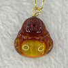 Natural Cognac Amber Milo Buddha in 18K Yellow Gold with S925 Sliver Gold Color Necklace 1.85g 18.2 by 16.8 by 5.5mm