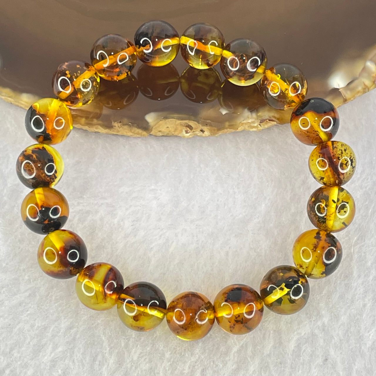 Good Grade Natural Yellow Flower Amber Bracelet 天然黄金花珀手链 11.08g 16cm 10.4mm 19 Beads