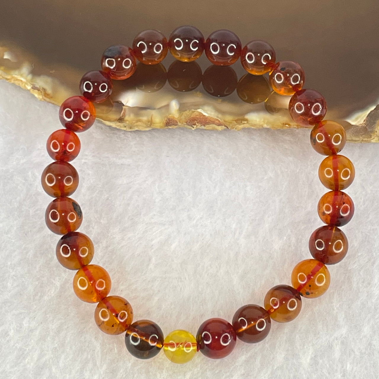 Natural Blood Red with Yellow Amber Beads Bracelet 4.88g 15cm 7.4mm 25 Beads