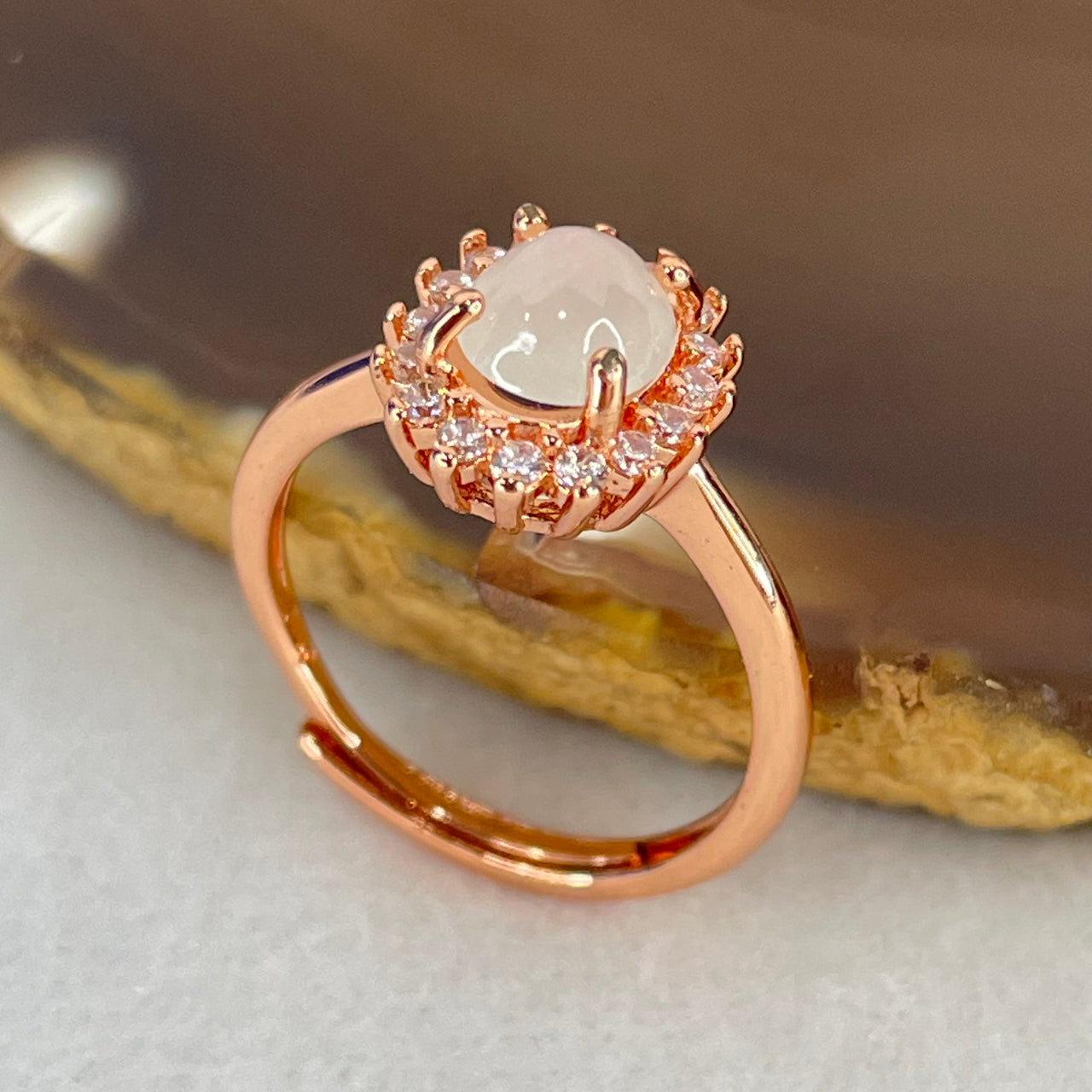 Type A Faint Green Jadeite Cabochon in S925 Sliver Rose Gold Color Ring (Adjustable Size) 1.09g 6.4 by 5.7 by 3.5mm