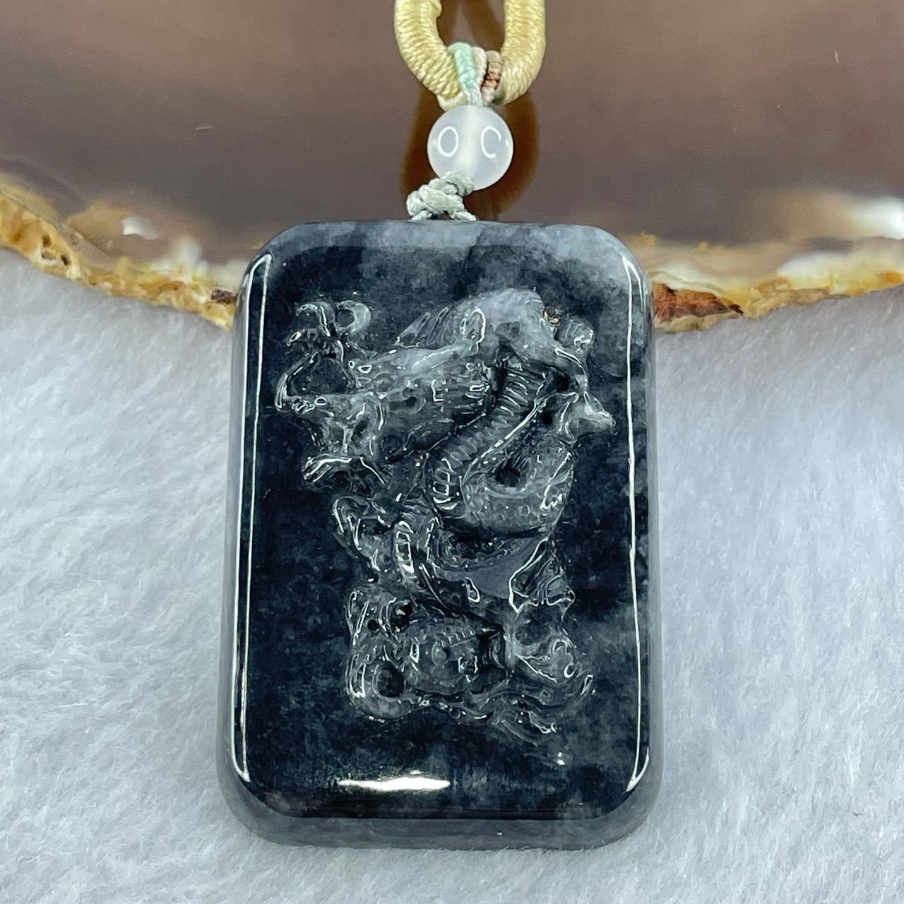 Type A Translucent Wuji Black Grey Jadeite Dragon Pendent 31.45g 45.5 by 31.0 by 9.9mm