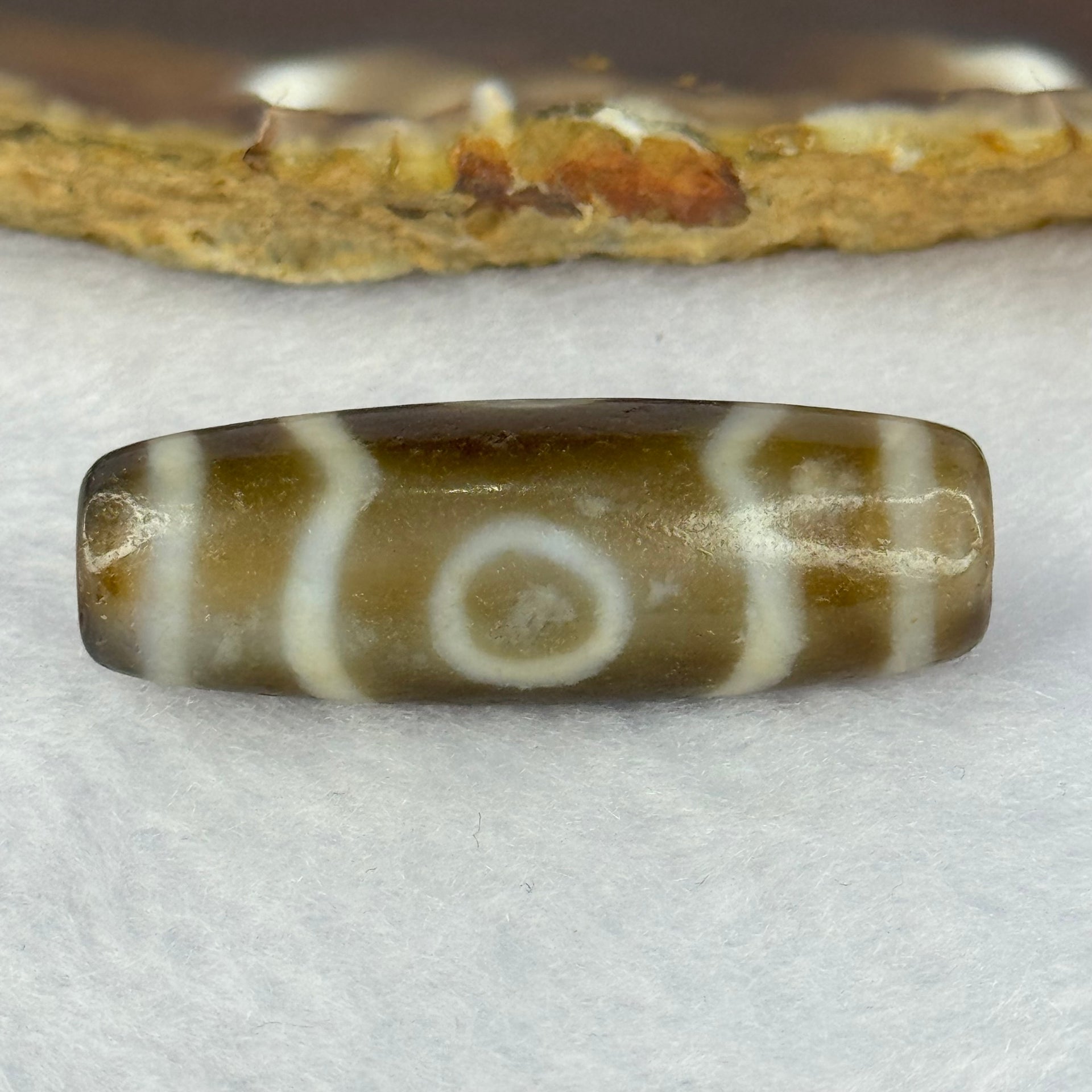 Natural Powerful Tibetan Old Oily Agate 3 Eyes Dzi Bead Heavenly Master (Tian Zhu) 三眼天诛 9.68g 37.9 by 12.5mm - Huangs Jadeite and Jewelry Pte Ltd