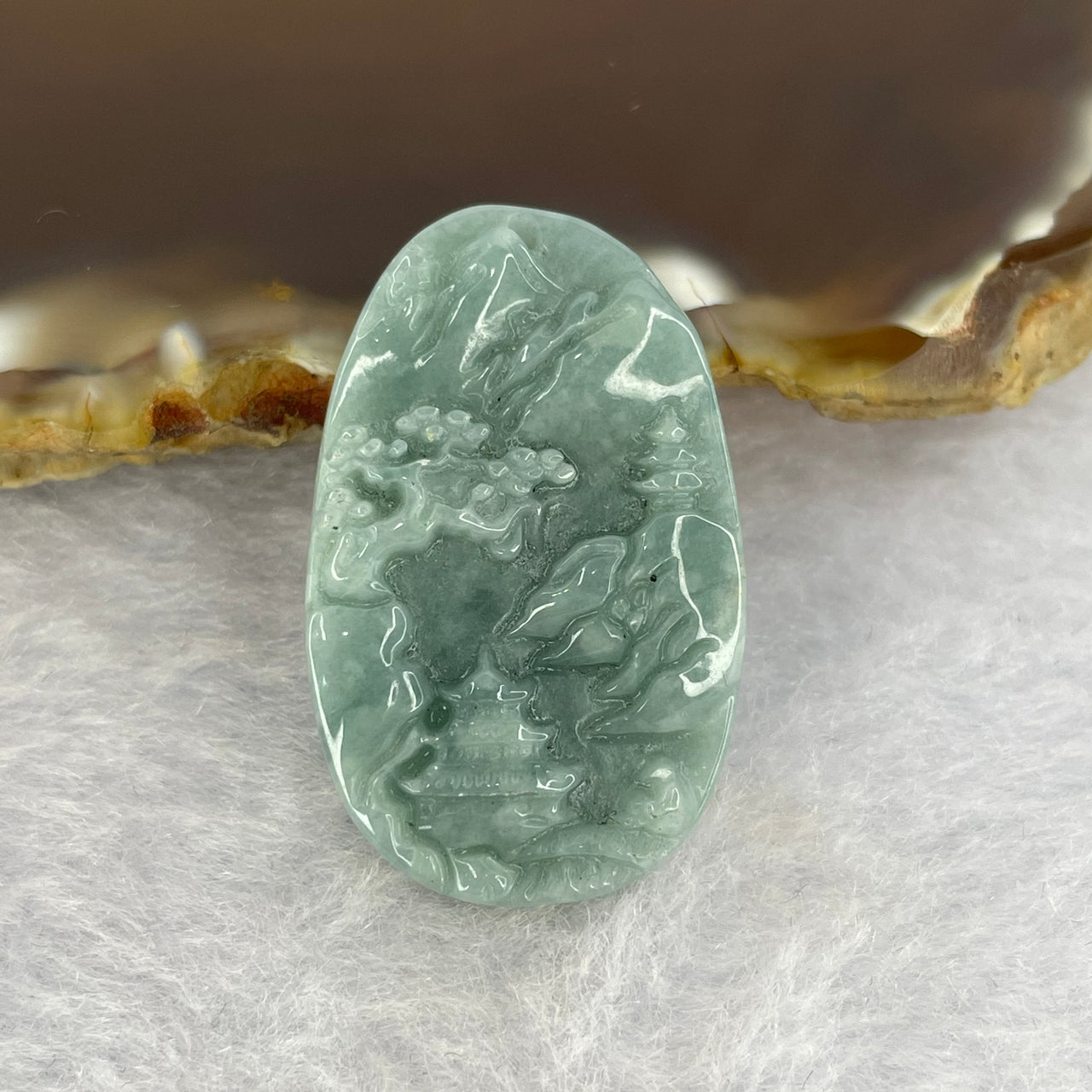 Type A Blueish Green Jadeite Scenary Shan Shui 山水 Pendant 7.37g 32.0 by 20.0 by 5.6mm - Huangs Jadeite and Jewelry Pte Ltd