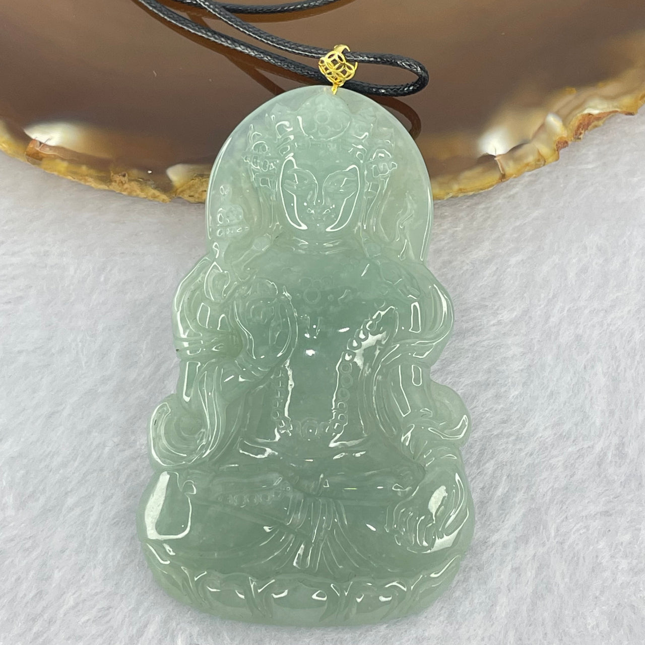 18K Yellow Gold Type A Blueish Green Jadeite Du Mu Pendant Necklace 31.20g 68.6 by 41.7 by 6.3mm