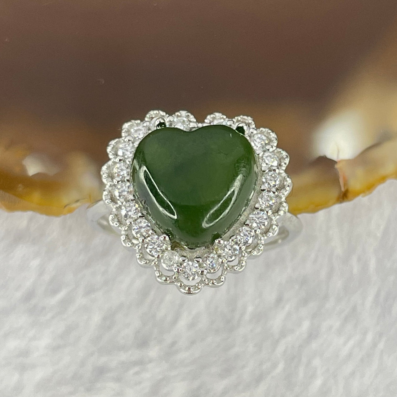 Natural Green Nephrite with Crystals In S925 Sliver Ring  (Adjustable Size) 2.92g 10.4 by 10.0 by 5.0mm