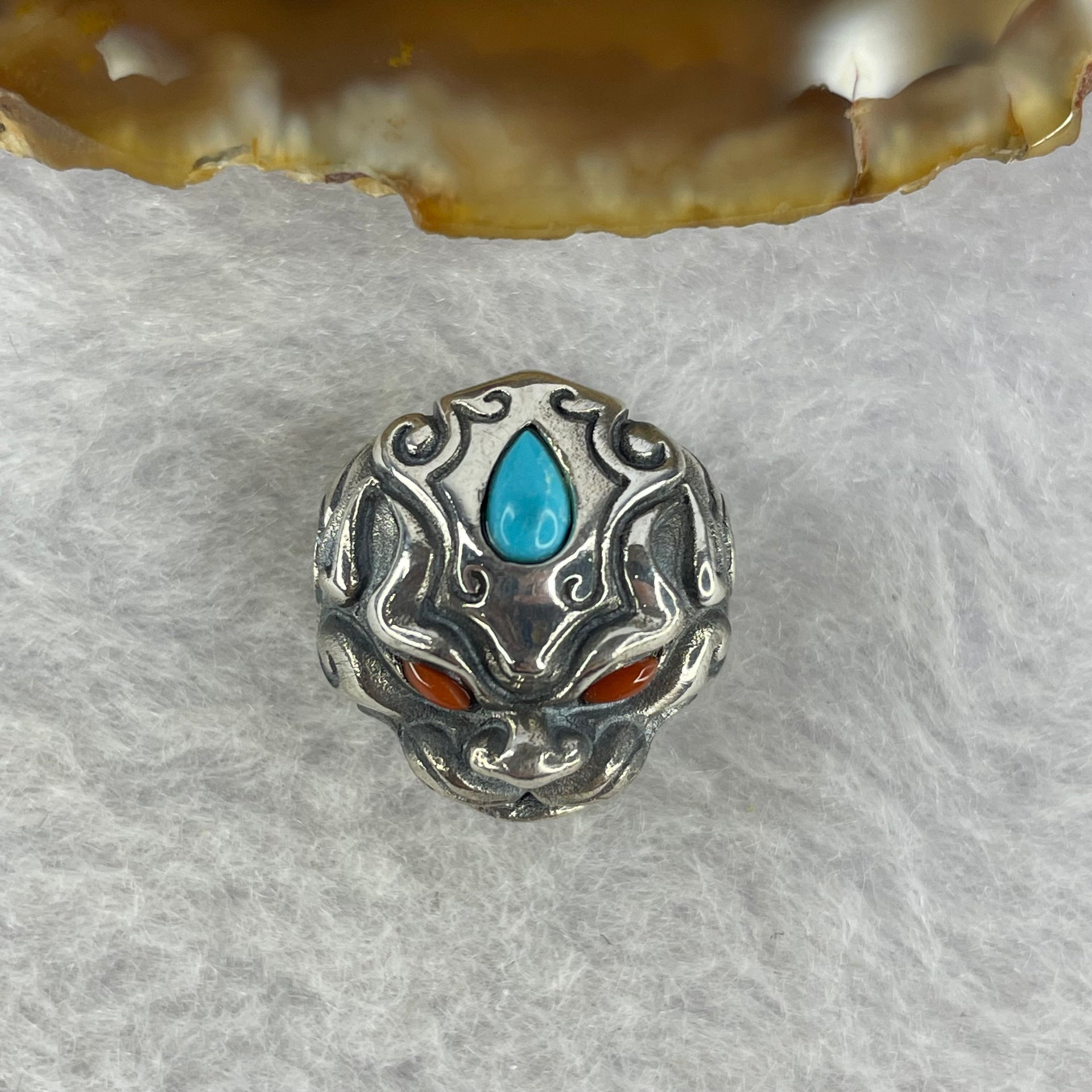 925 Sliver Pixiu with Turquoise Eyes and Red Nan Hong Agate Bracelet Charm 7.34g 16.4 by 16.8 by 12.2mm - Huangs Jadeite and Jewelry Pte Ltd