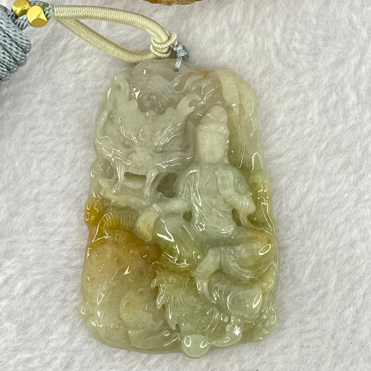 Type A Green with Yellow Jadeite Dragon and Guan Yin Pendant 47.44g 64.0 by 42.9 by 8.8mm