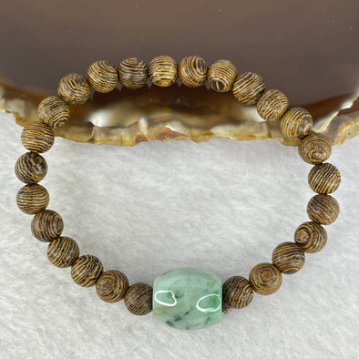 Type A Green Piao Hua Jadeite Lulu Tong Barrel in Natural Wood Beads Bracelet 6.43g 13cm 13.1 by 17.8mm - Huangs Jadeite and Jewelry Pte Ltd