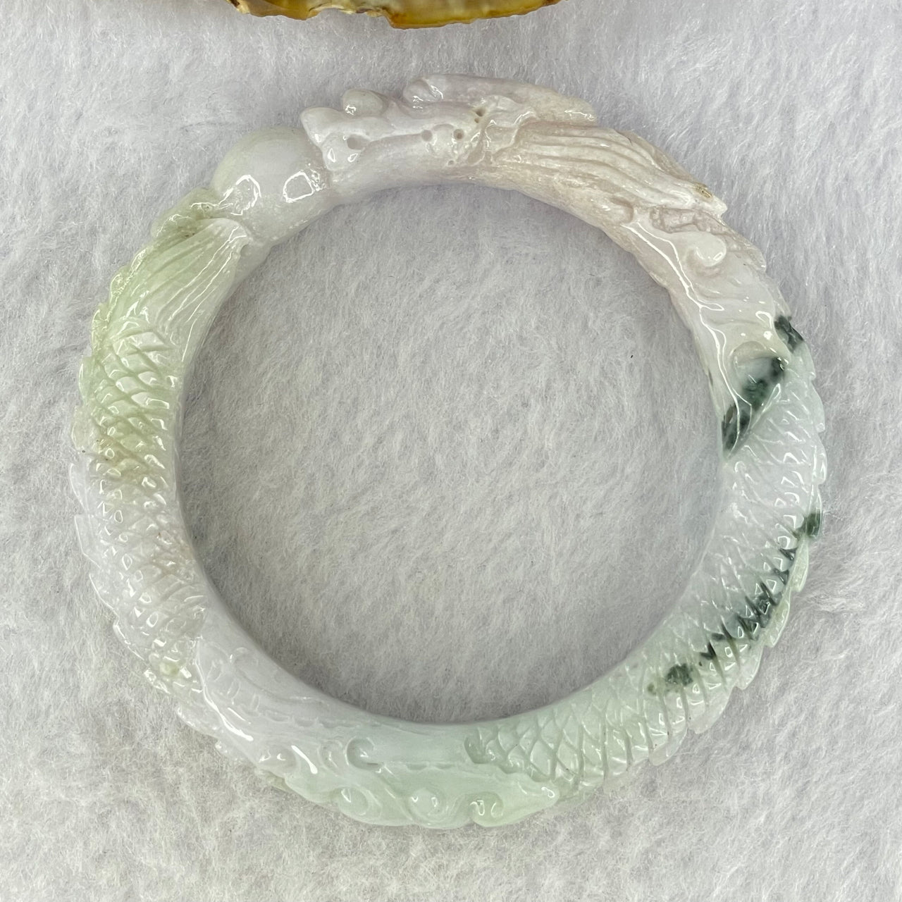 Type A  Lavender and Green with Green Piao Hua Jadeite Dragon Bangle Internal Diameter 55.2mm 67.79g 14.0 by 11.0mm (Internal Lines)