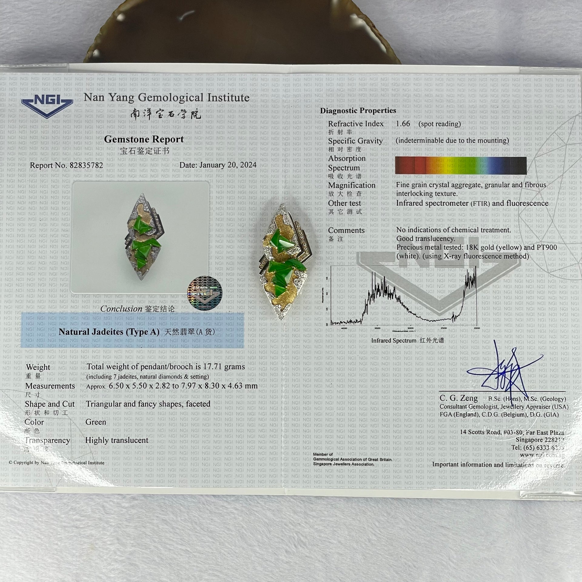 Very Very High Quality Highly Translucent Natural Emerald Green Jadeite (TYPE A) Brooch Approx. 6.5 by 5.50 by 2.82 to 7.97 by 8.30 by 4.63mm Total Weight 17.71g including Natural Diamonds and 18K Yellow Gold and PT900 Setting with NGI Cert No.82835782 - Huangs Jadeite and Jewelry Pte Ltd