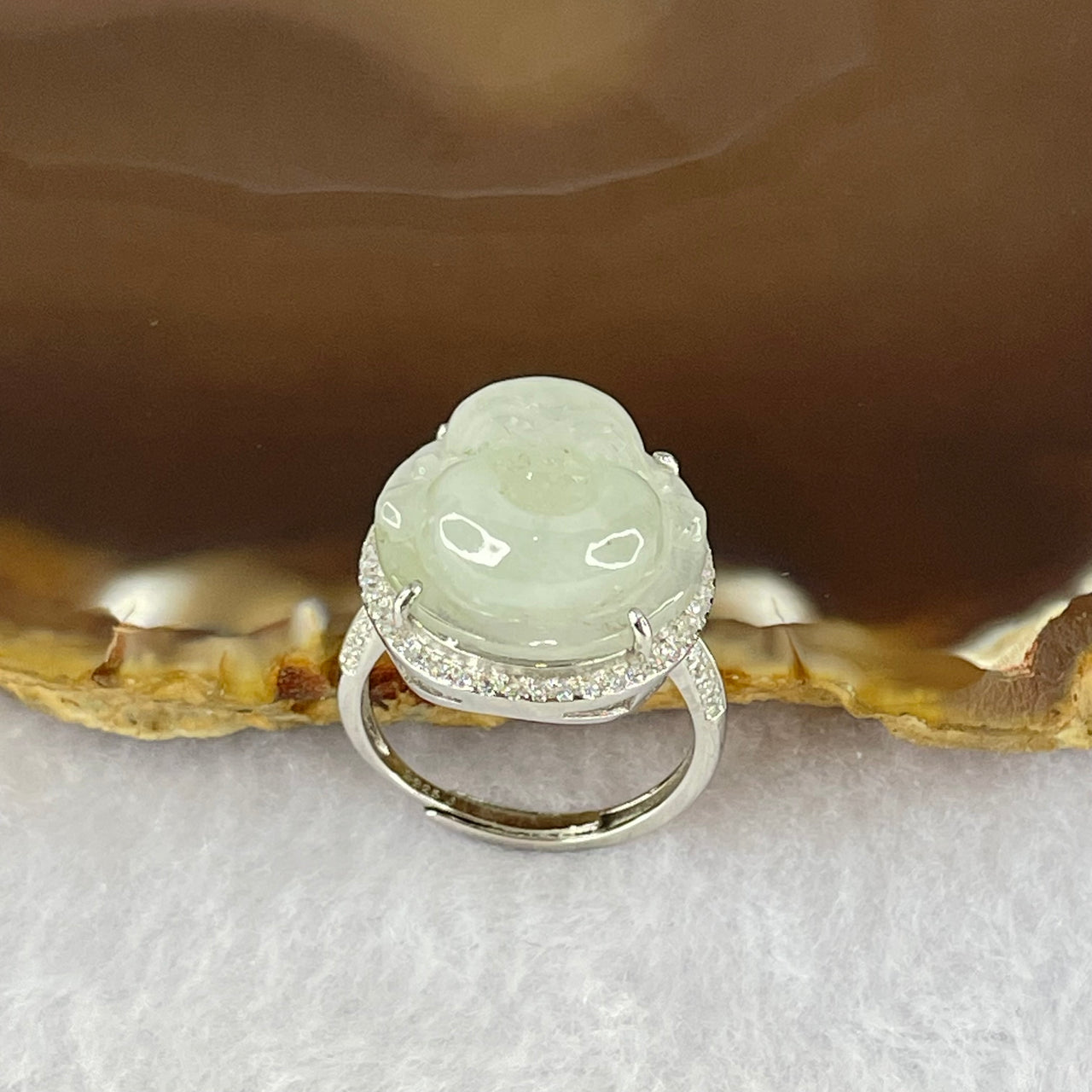 Type A Faint Lavender Green Jadeite Milo Buddha in S925 Ring (Adjustable Size) 5.80g 16.5 by 16.5 by 7.0mm