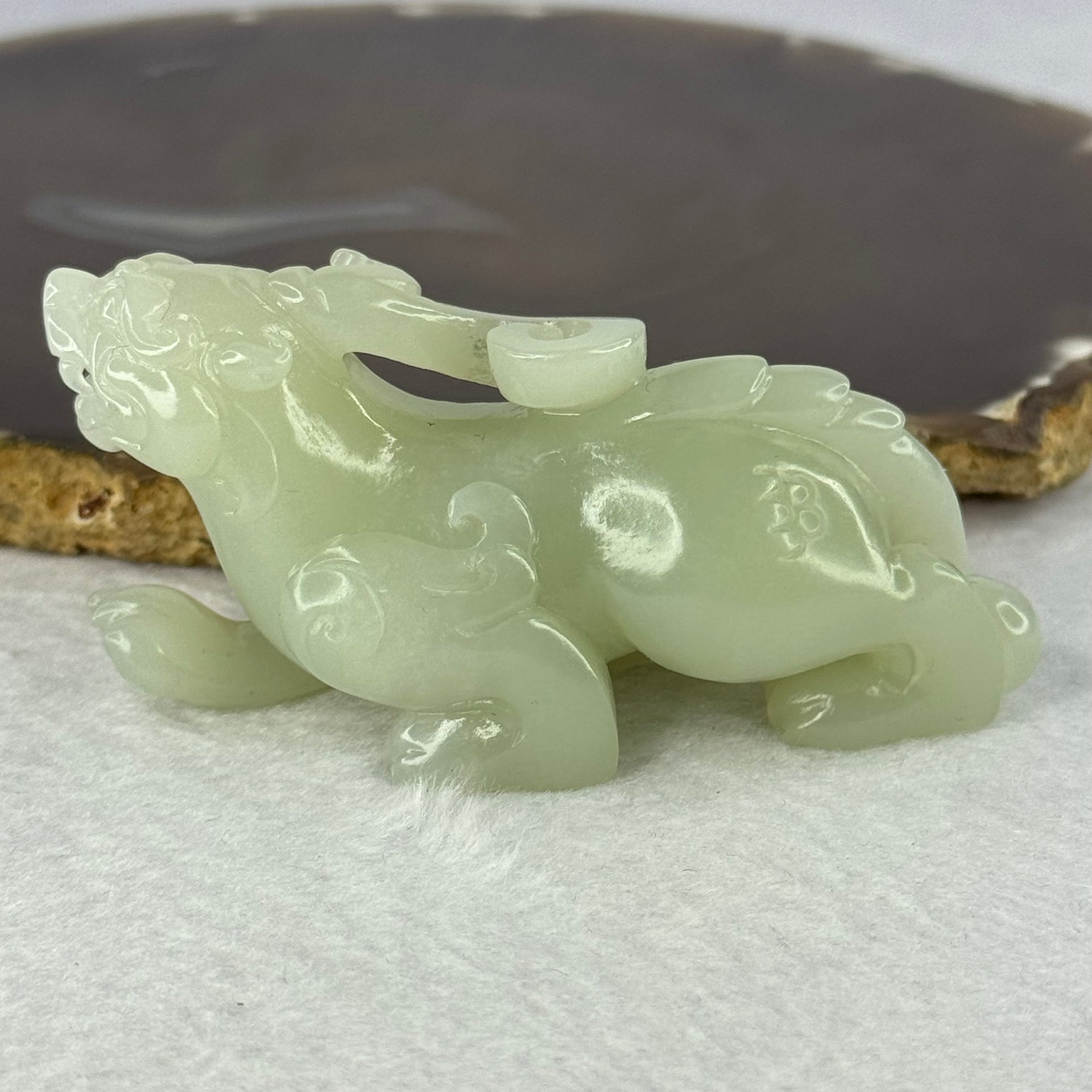 Natural Light Green Nephrite Pixiu Display 89.13g 74.7 by 30.9 by 37.9mm - Huangs Jadeite and Jewelry Pte Ltd