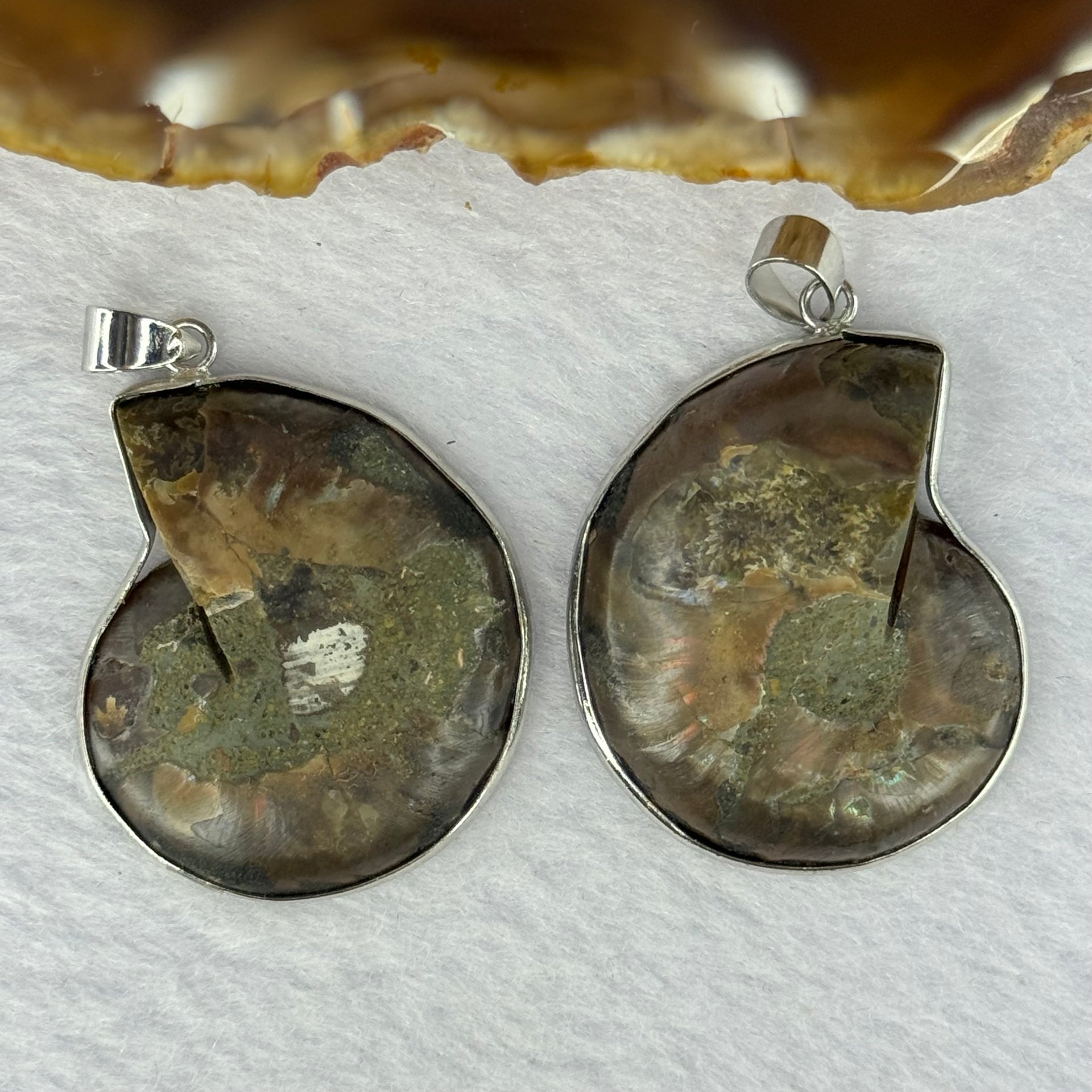 Natural Ammolite Fossil In Sliver Pendent/Charm Pair Total Weight 19.28g Each About 15.2 by 12.9 by 3.6mm - Huangs Jadeite and Jewelry Pte Ltd