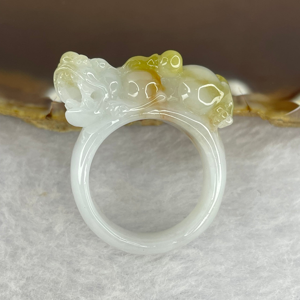 Type A White with Yellow Jadeite Prosperity and Protection Pixiu Ring 14.28g 15.2 by 14.1mm US10.25 HK23 - Huangs Jadeite and Jewelry Pte Ltd